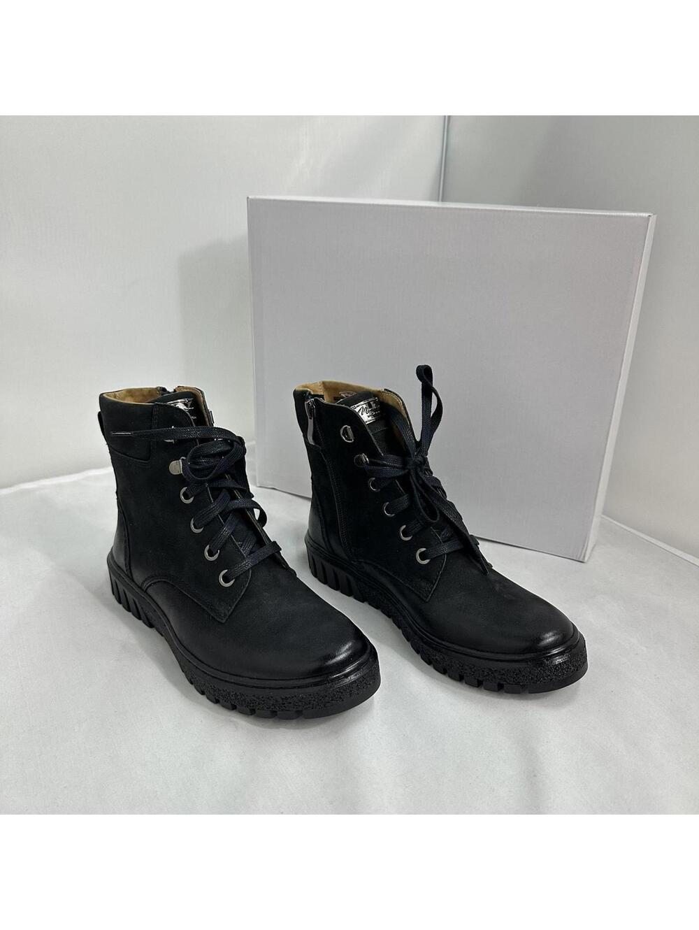 V Italia Black Leather Lace-Up Combat Ankle Boots